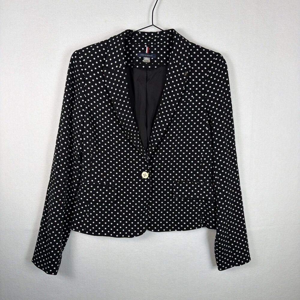 Tommy Hilfiger Womens Size 2 Black White Polka Dot Blazer Jacket Preppy